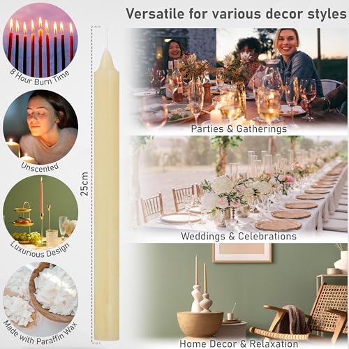 DECO EXPRESS Tapered Candle Set of 15 Classic Dripless Rustic Tapered Unscented 9H Burn Time Handmade Decorative Dinner Candles Restaurant Home Christmas (Ivory - Image 2