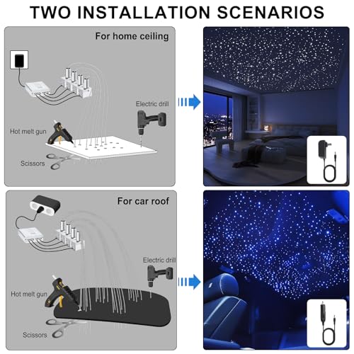 Image of Split 4 Colors 12W Car Starlight Headliner Kit 600pcs*0.02in*9.8ft with APP&RF Remote,RGBW Fiber Optic Strands Star Roof Lights,4 Port Engine Sound Activated Star Ceiling Lights for Car /Home Decor