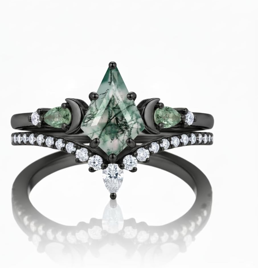 ROMANTICWORK Personalized Moss Agate Rings for Women 925 Sterling Silver Natural Gemstone Custom Name Promise Engagement Ring Jewelry Gift for Wife