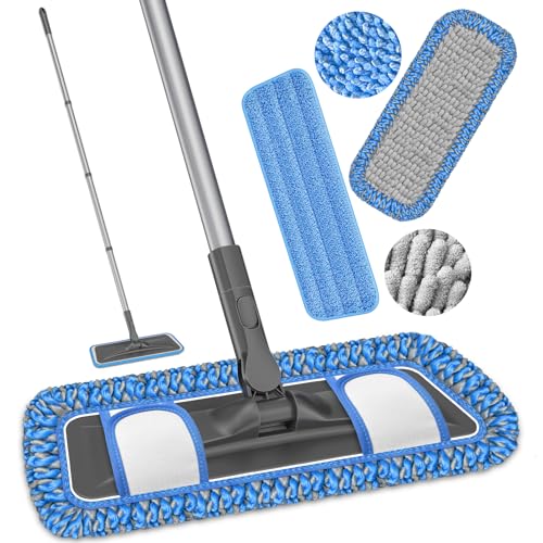 MYSPRI Microfibre Mops for Cleaning Floors - Flat Floor Mop with 2 Washable Pads Wet Dry Dust Sweeper for Hard Wood Laminate Tile Vinyl Surfaces Walls - 150cm Long Adjustable Handle
