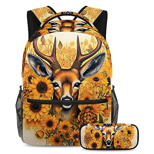 Sac à dos cerfs et tournesols pour transporter grands classeurs et fournitures scolaires