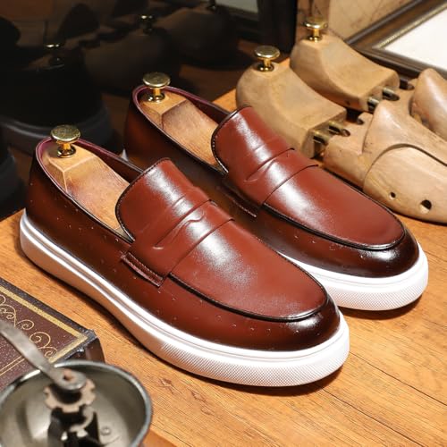 Santimon Men's Leather Penny Loafer Casual Flat Slip-On Dress Boat Shoes4