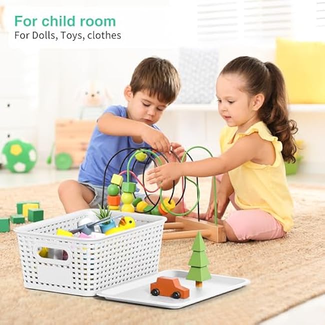 8-Pack White Plastic Storage Baskets with Lids, Label Organizers, Stackable Organizer Containers: For Organizing Shelves, Drawers, Desk Closets, Playrooms, Classrooms, Offices