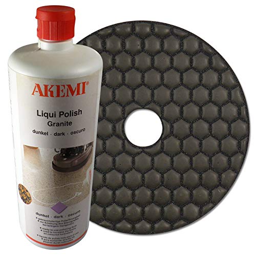 AKEMI zestaw kombi: AKEMI Liquid Polish płyn do polerowania ciemny do granitu, 1000 ml + diamentowy pad ścierny 125 mm, polerka do ziarnistości, do szlifowania na sucho