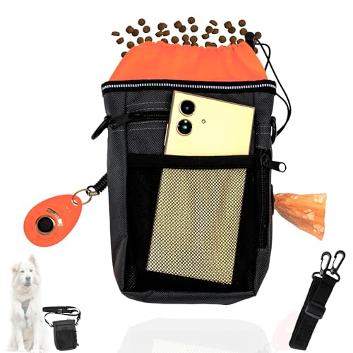 YEibi Bolsa Premios Perro con Clicker - Riñonera de Entrenamiento Canino y Paseo con Dispensador de Bolsas para Heces, Porta Chuches y Accesorios, Naranja