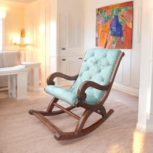 Image of Solid Sheesham Wood Rocking Chair for Living Room | Ergonomic Resting Chair for Relaxing and Pregnant Women (Sky-Blue)