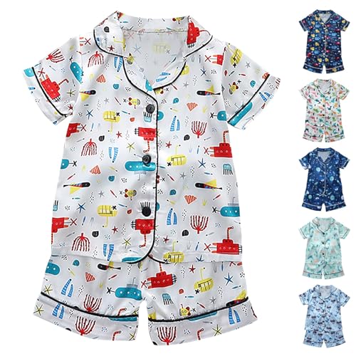 Girls Boys Satin 𝐏a𝐣ama Set Short Sleeve Button Down Shirts and Shorts 𝗦ilk 𝐏ajamas Cartoon Loung𝐞wear Sl𝐞epwear4