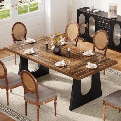 Image of Tribesigns Large Dining Table for 6-8 People, 70.9-Inch Wood Rustic Rectangular Table with Black Wooden Legs, Farmhouse Center Kitchen Table for Dining Room, Living Room, Home Furniture (Dark Brown)