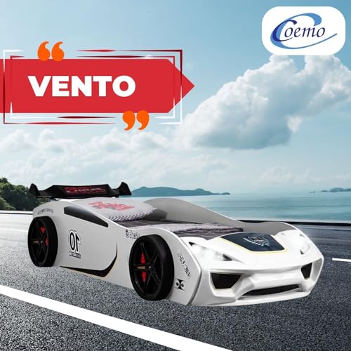 Coemo Autobett Vento Kinderbett Weiß 90x200 cm im Rennwagen-Design mit Lattenrost und LED Scheinwerfern - Perfekt für kleine Rennfahrer- LxBxH 260x109x60