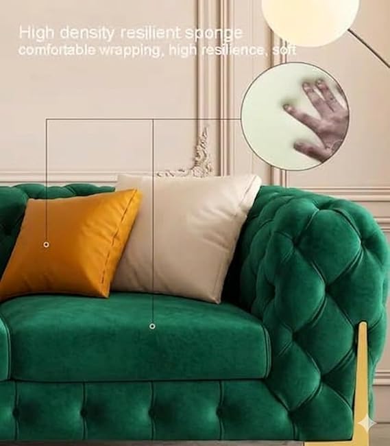 Image of A to Z Furniture Modern Classic Fabric & Valvet Tufted Chesterfield Sofa Living Room and Office (3+1= 4 Seater Sofa Set with Footrest Dark Green)