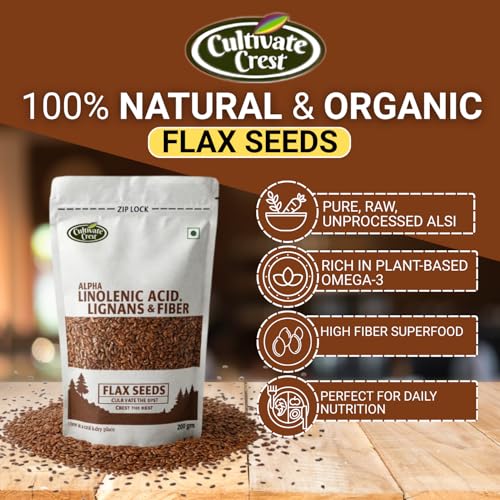Image of Cultivate Crest Organic Flax Seeds 200g | 100% Natural & Raw High Protein Ground Flaxseeds | Rich in Omega 3, Asli Seeds | High Fiber Superfood for Daily Nutrition | Vegan, Keto Friendly