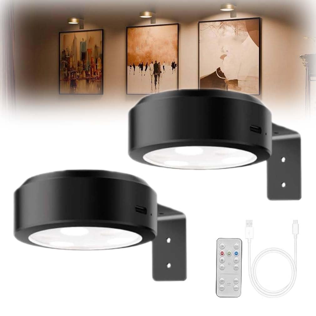 LUCKKY 2PCS Picture Lights for Wall, Magnetic LED Rechargeable Wireless Art Picture Frame Lights with Remote, 3 Lighting Modes, Black