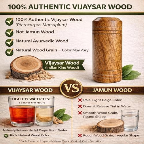 Image of Vijaysar Glass Wooden Tumbler for Diabetes Control | Original Vijaysar Wood Water Glass | Handcrafted Ayurvedic Drinking Cup for Overnight Water Storage & Healthy Lifestyle