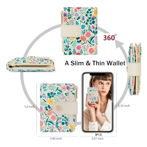 Image of Floral Womens Bifold Wallet,Compact Leather Credit Card Holder | RFID leather small Card wallet for crossbody bag,billfolds for women with 12 card slots 3 ID window, gift for women girls