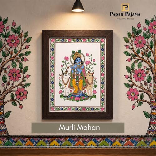 Image of PAPER PAJAMA Lord Krishna with Cow Wall Art for Living Room | Madhubani Krishna Flute Painting | Traditional Mithila Religious Framed Decor for Home, Temple & Office (10x13 Inches)