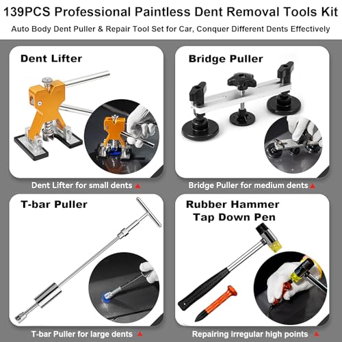 Image of 139PCS Dent Puller Kit - Paintless Dent Removal PDR Kit with 2-in-1 Slide Hammer, Bridge Puller & 100W Glue Gun, 62 Tabs Car Dent Repair Tool Set for Hail Damage & Door Dings