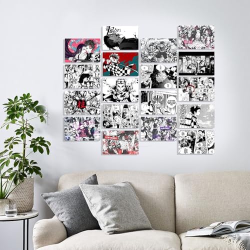 Image of ATEVON Demon Slayer Manga Wall Collage Kit - Pack of 18 Black and White Posters | 6x4 Inch Anime Poster Set Featuring Tanjiro Kamado, Nezuko, Zenitsu, Inosuke | Aesthetic Room Decor for Anime Fans