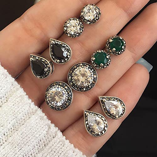 5 Pairs Studs Earrings Set For Women Teen Girls,Retro Bohemia Cubic Zirconia Crystal Earrings Shining Trend Bar Party Wedding Bridesmaid Jewelry (5 Pc Crystal Zircon Earrings) #TOP1