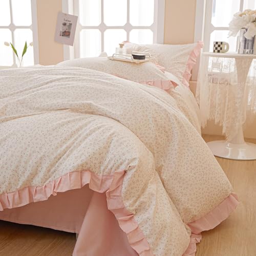 Image of VM VOUGEMARKET Pink Flower Duvet Cover Set Queen Romantic Girls Ruffle Lace Bedding Set Soft Cotton Girls Duvet Cover with 2 Pillow Shams