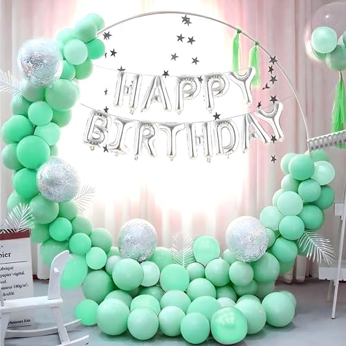 Image of 1iAM Happy Birthday Decoration Combo Including Happy Birthday Foil Balloon and Pastel and Confetti Balloons (Mint Green and Silver | Set of 106)