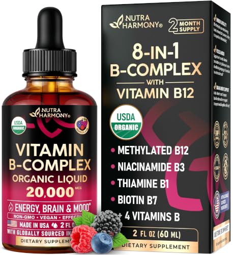 USDA Organic Vitamin B-Complex 20000mcg - B5 B12 B1 B6 B7 B9 B3 - 2Oz