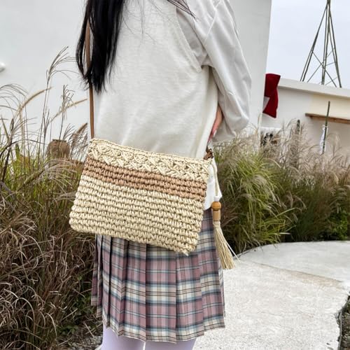 Women Stylish Knit Shoulder Bag with Tassel Hand Woven Sling Bag Wooden Bead Tote Bag Female Travel Commute Shoulder Bag4