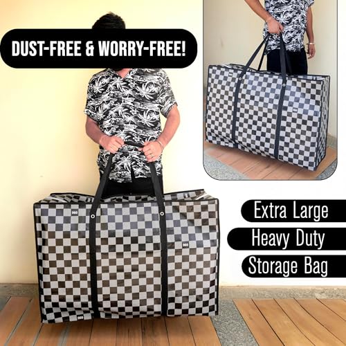 Image of Storite 4 Pack 145 L Printed Plastic Heavy Duty Underbed Storage Bag | Moisture Proof Jumbo Size Multi-Purpose /Toys /Stationery Paper /Clothes /Moving Bags with Strong Handle ( 88x59x28cm, Grey )