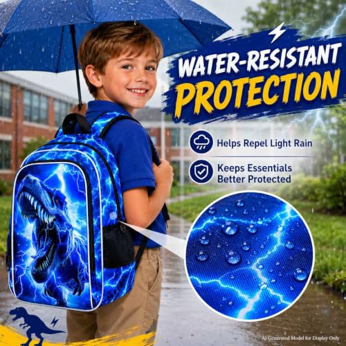 Image of 17 inch Dinosaur Backpack for Boy, 3Pcs Lightning Bookbag for Elementary Preschool Kindergarten, Kids School Backpacks with Lunch Box (Blue)