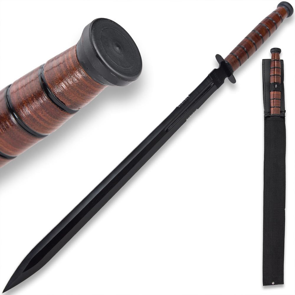 - US 1942 Double-Edge Combat Sword and Nylon Shoulder Sheath - AUS-6 Stainless Steel Blade, Leather Stacked Handle, Steel Guard and End Cap, Historically Inspired Functional Collectible - Length 27 1/2”