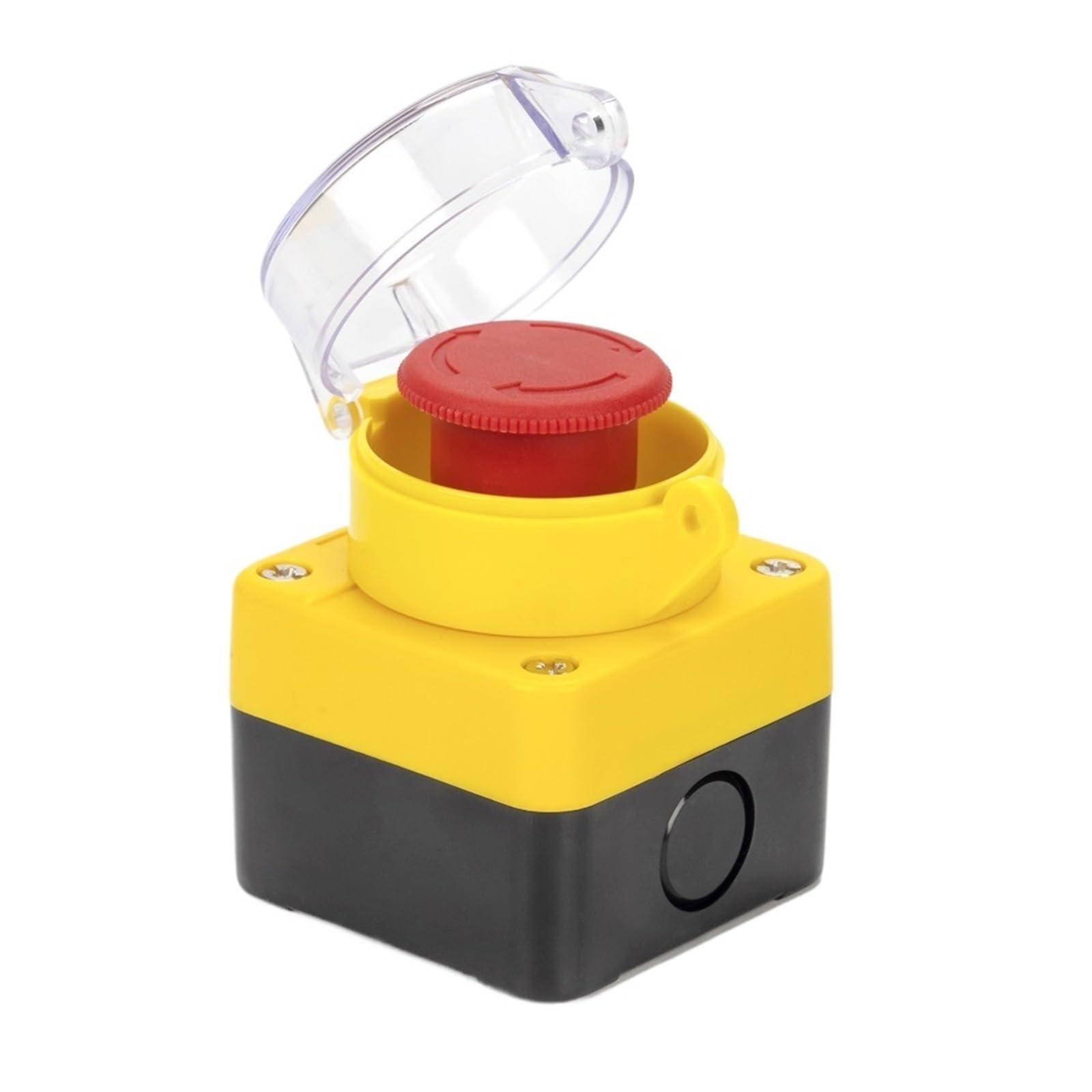 Interruptor pulsador de parada de emergencia con cabezal de hongo rojo, 10 A, for ascensores, con enclavamiento y bloqueo automático con cubierta protectora.