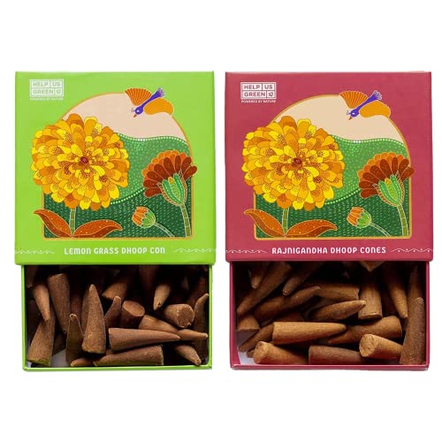 Image of HelpUsGreen Natural Dhoop Cones Lemongrass and Rajnigandha (80 Cones Pack of 2)|Charcoal Free Organic Low Smoke Long Lasting Incense Cones for Pooja, Home Fragrance, Meditation|Free Ceramic Holder