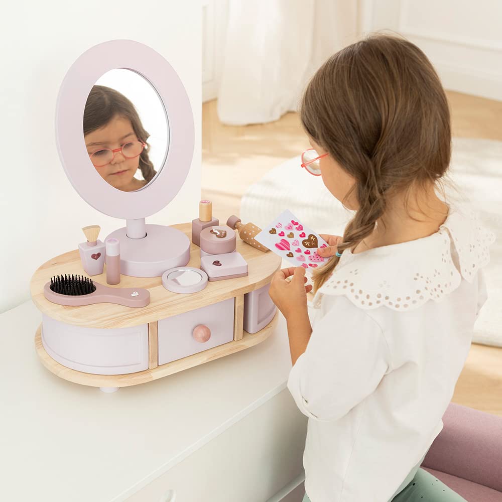 howa 50012 Coiffeuse en bois pour enfant avec 8 accessoires et autocollants en forme de cœur