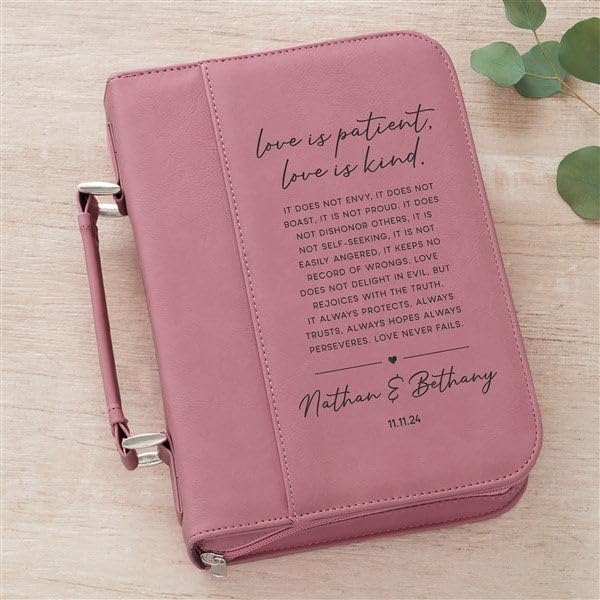 Personalization Universe Love is Patient Engraved Bible Cover - Custom Names & Date, Personalized Faux Leather with Front Pocket and Handle, Zippered Case for Men and Women, 2 Color Options - Pink