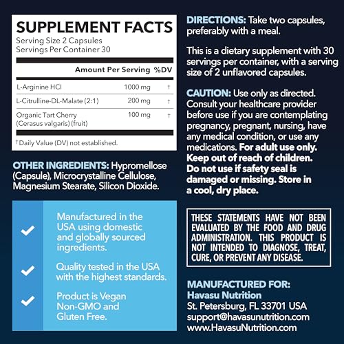 Image of L-Arginine Capsules with L-Citrulline - Nitric Oxide Supplement - L Arginine and L Citrulline Blend - 60 Count - Vegan, Non-GMO Capsules for Performance, Endurance and Muscle Support - 1 Month Supply