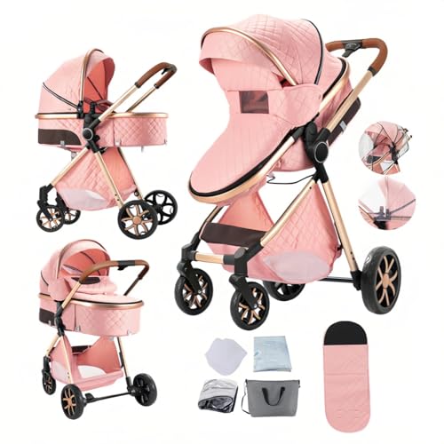 Image of Doraystar 2 in 1 Baby Stroller with Bassinet Mode, Reversible Infant Pram, One-Click Folding, Newborn Travel Stroller, Convertible Toddler Standard Pram Carriage (X2US-Pink)