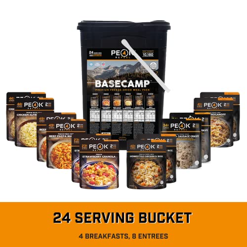 Peak Refuel Basecamp Bucket 3.0 | 480g Protein | 10180 Calories | 100% Real Meat | Premium Freeze Dried Backpacking & Camping Food | 24 Servings | Ideal MRE Survival Meal