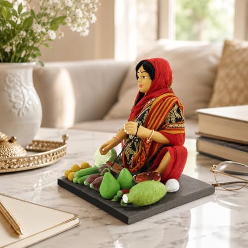 Image of Krishnanagar Handmade Clay Woman Vegetable Seller Miniature Idol | Basic Terracotta Sitting Human Figurine | Traditional Indian Home Decor & Gift Showpiece