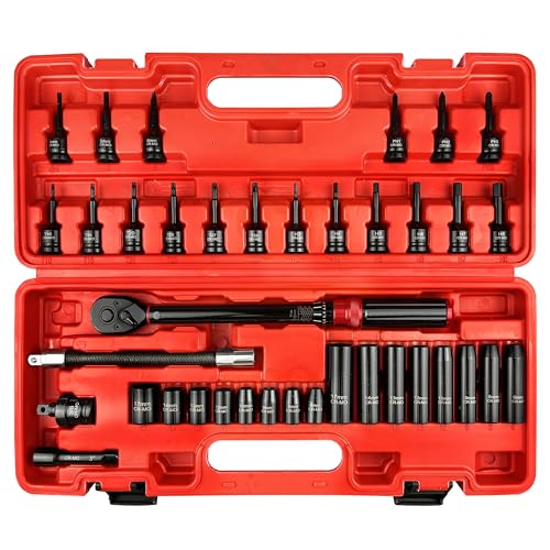 38Pcs 3/8" Deep and Shallow Impact Socket Set,Torx Bit, Phillips Slotted Bit Socket Set,Including Extension Bar, Flexible Bit Extension,Torque Spanner,U-Joint,Cr-Mo Steel