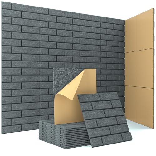 Image of Acoustic Wall Panels, Brick Pattern Peel and Stick Sound Absorbing Panel for Ceiling, Door, Pared, 12 Pack 12 inchx12 inchx0.4 inch, Dark Grey Decorative Self Adhesive Wall Tiles for Recording Studio, Room