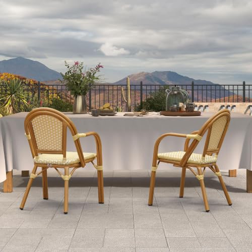 Image of PURPLE LEAF French Wicker Bistro Armchairs Set of 2, Bamboo Finish, Yellow