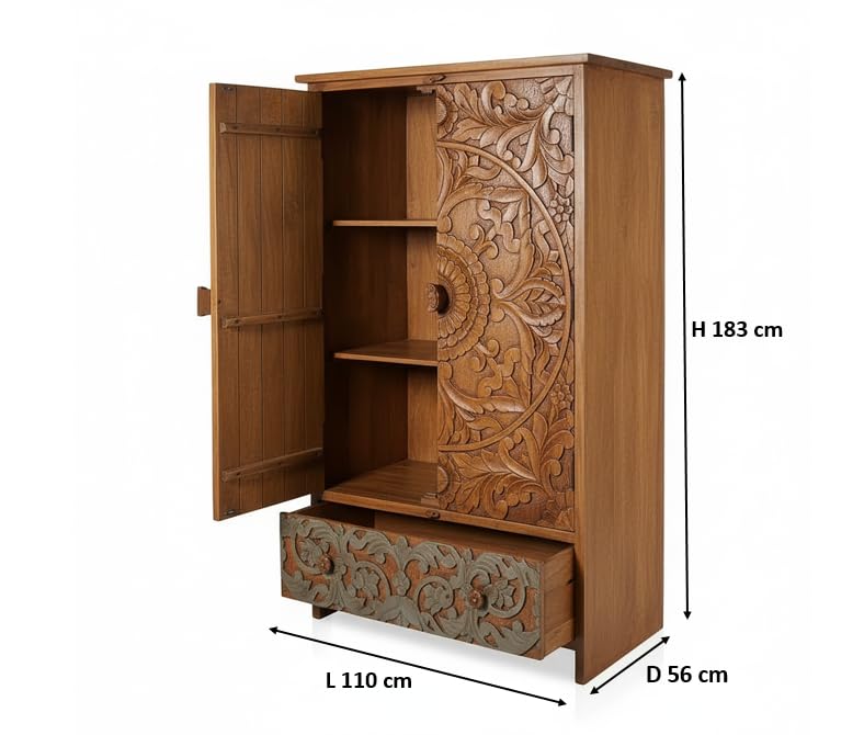 Image of APRODZ Wooden Wardrobe for Bedroom | Scolpito 2 Door Mango Wood Wardrobe with 1 Drawer | Space Saving Wardrobe for Storage, Clothes Cupboard & Wooden Almirah for Bedroom, Light Italian Walnut + Grey