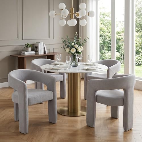 Image of HNY Modern Barrel Kitchen & Dining Room Chairs Set of 4, Chenille Upholstered Accent Chairs with Arm, 18.5'' Wide Side Armchairs Vanity Chairs for Living Room Bedroom Makeup Small Spaces, Grey