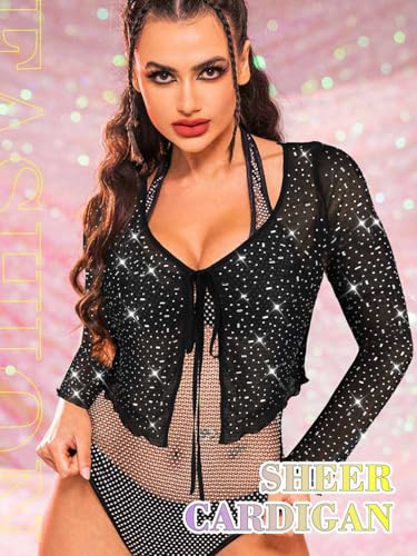 Asooll Rhinestone Shrug Black Cardigan Bolero Front Tie Sparkly Mesh Shrugs for Women2