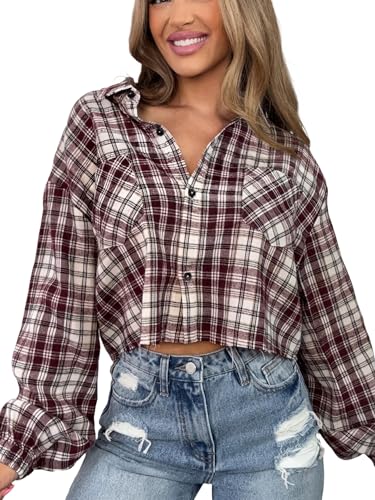 Willow Boutique Plaid Cropped Flannel Shirt Women | 100% Cotton Plaid Button Down | Women Fall Clothes 2025 (US Alpha Medium Regular Regular Red)