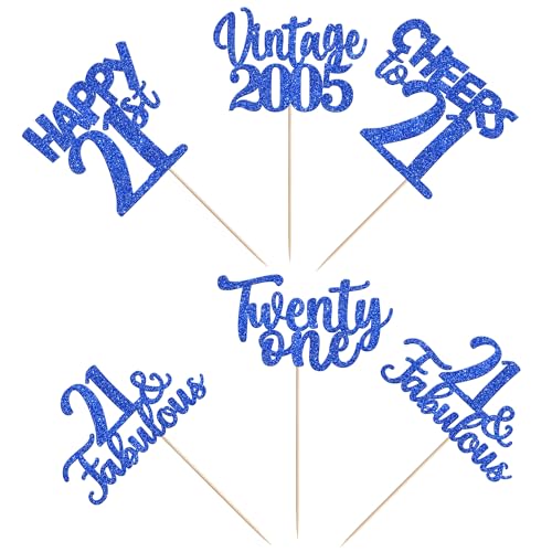 Image of 15 PCS 21st Birthday Centerpiece Sticks Glitter Twenty One Happy 21 Vintage 2005 Table Flower Centerpieces Sticks Cheers to 21 Fabulous Floral Decorations for 21st Birthday Party Supplies Blue