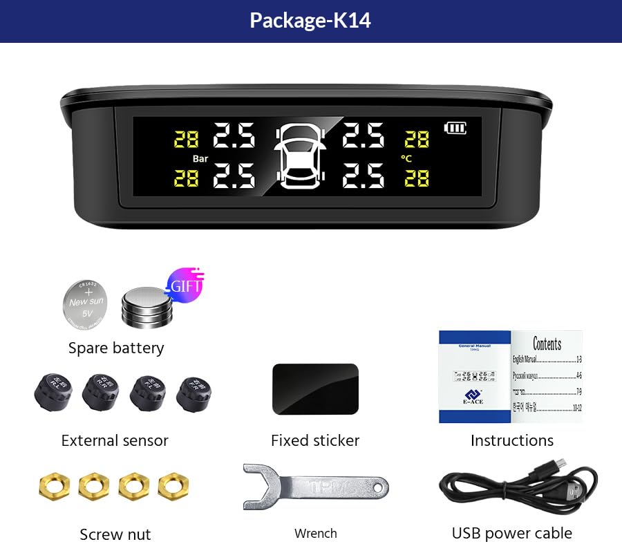 Tpms Solar Tire Pressure Monitoring System Alarm Tire Pressure Security Alarm Systems Smart Car Systems Tyre Pressure Gauge(K14External Sensor)(K14PBuilt in Sensor)