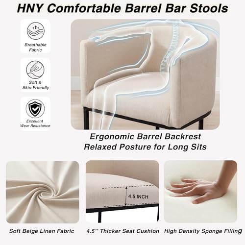 Image of HNY Cream Modern Barrel Counter Height Clearance Bar Stools Set of 4, 32 Inch Linen Kitchen Barstools with Back for Island, with Black Metal Tubular Frame
