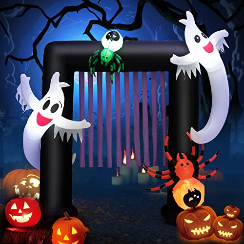 COSTWAY 8FT Halloween Inflatable Archway, Blow-up Halloween Decoration with 2 Haunted Ghosts & 2 Spiders, LED Lights Indoor Outdoor Holiday Decorations