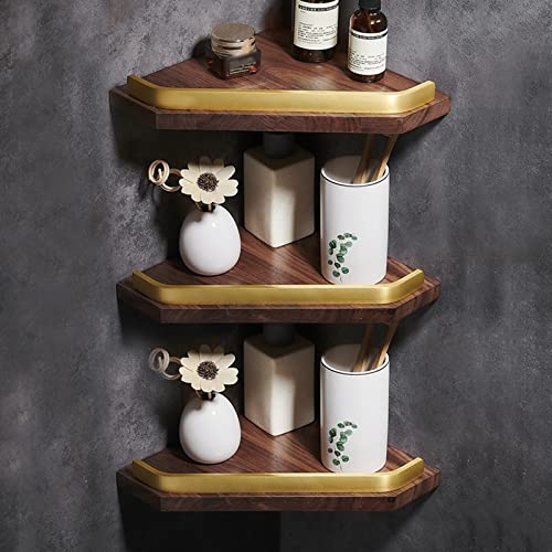 BAHELS Corner Shower Caddy Wall Mounted Corner Storage Rack Walnut Wood Bathroom Shelf Home Organization and Storage Triangle