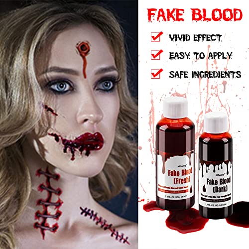 Kunstblut Halloween, 58ml Künstliches Frisches Blut, 48ml dunkelrotes Theaterblut, 28ml Flüssiges Latex, Make-up Pinsel und Schwamm… – Ansicht 2